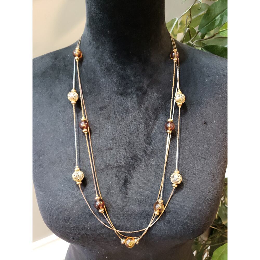 Women's Multi-Strand Beaded Necklace Gold Tone Brown Glass Beads Layered Chain